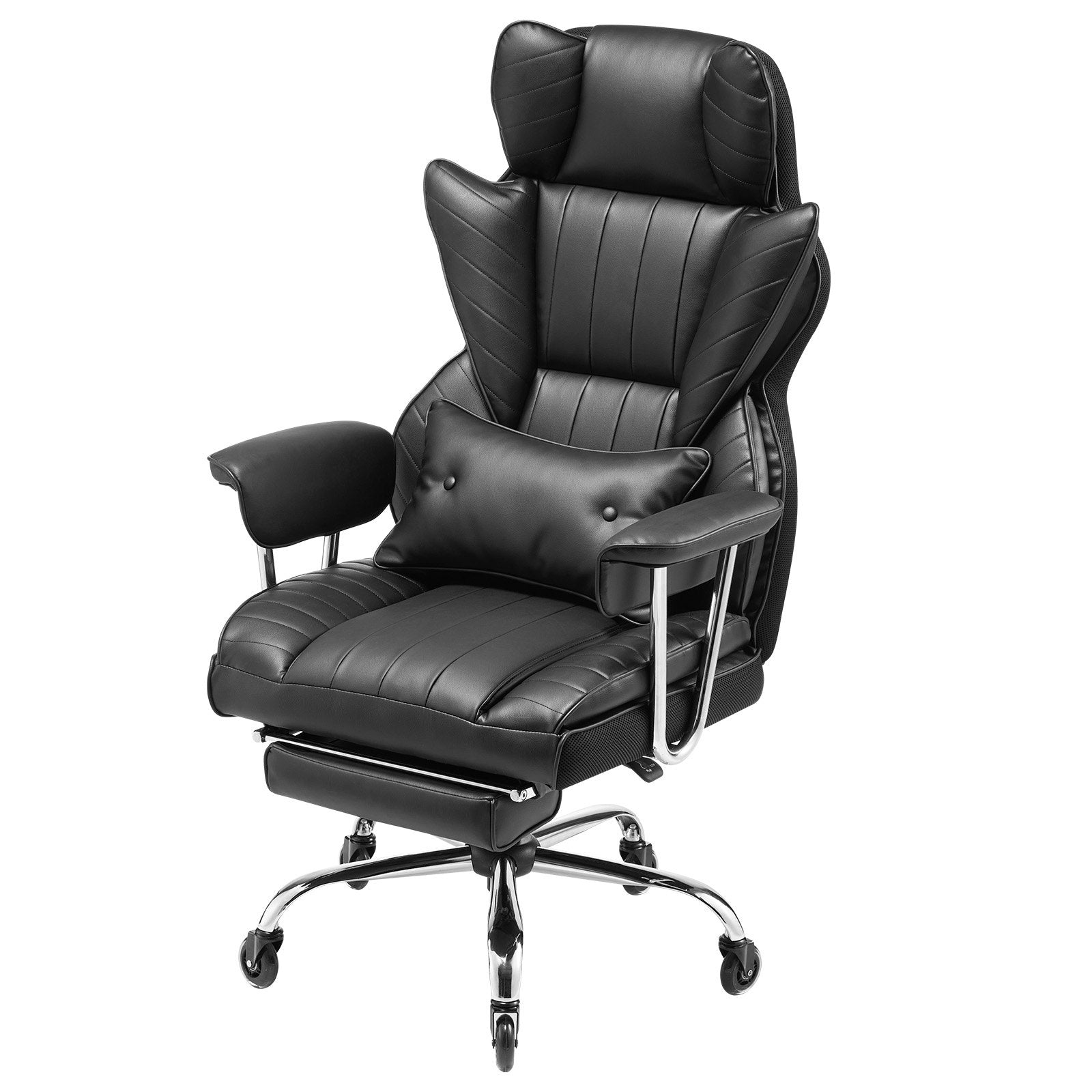 Executive Office Chair With Footrest, 400 Lbs Capacity With Heavy Duty PU Leather Wide Office Chair, Big And Tall Reclining Office Chairs With Lumbar Support, Strong Metal Base Quiet Wheels, Black