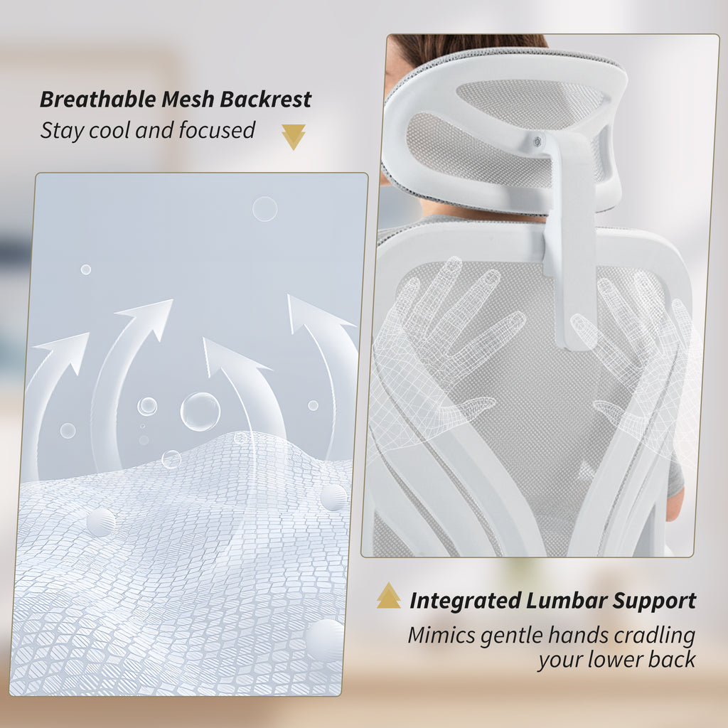 Ergonomic Office Chair With Foldable Backrest, 2D Headrest - Light Grey