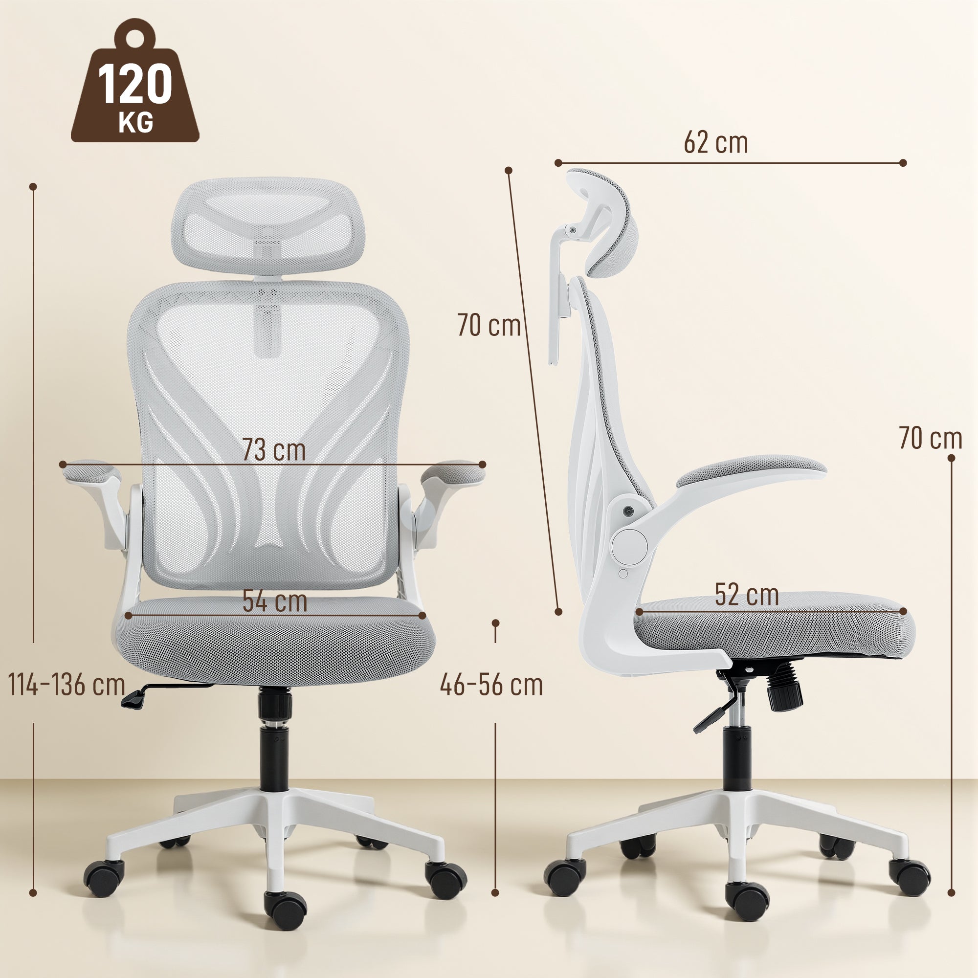 Ergonomic Office Chair With Foldable Backrest, 2D Headrest - Light Grey