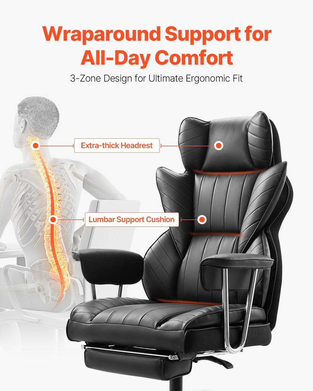 Executive Office Chair With Footrest, 400 Lbs Capacity With Heavy Duty PU Leather Wide Office Chair, Big And Tall Reclining Office Chairs With Lumbar Support, Strong Metal Base Quiet Wheels, Black