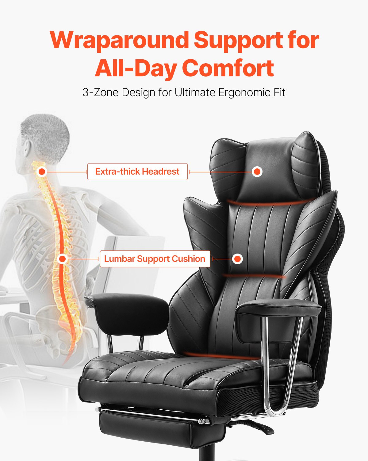 Executive Office Chair With Footrest, 400 Lbs Capacity With Heavy Duty PU Leather Wide Office Chair, Big And Tall Reclining Office Chairs With Lumbar Support, Strong Metal Base Quiet Wheels, Black