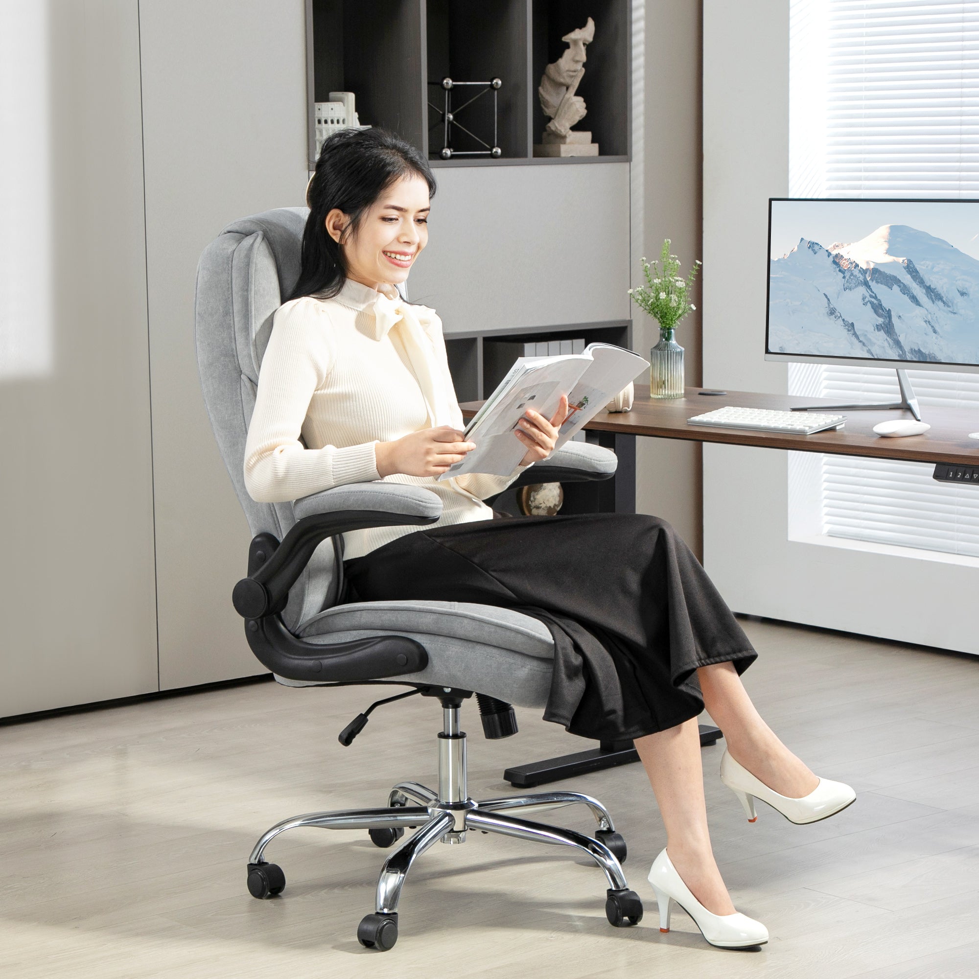Executive Office Chair, Desk Chair With Flip-up Armrest, Diamond Fabric Computer Chair For Home Office, Gray