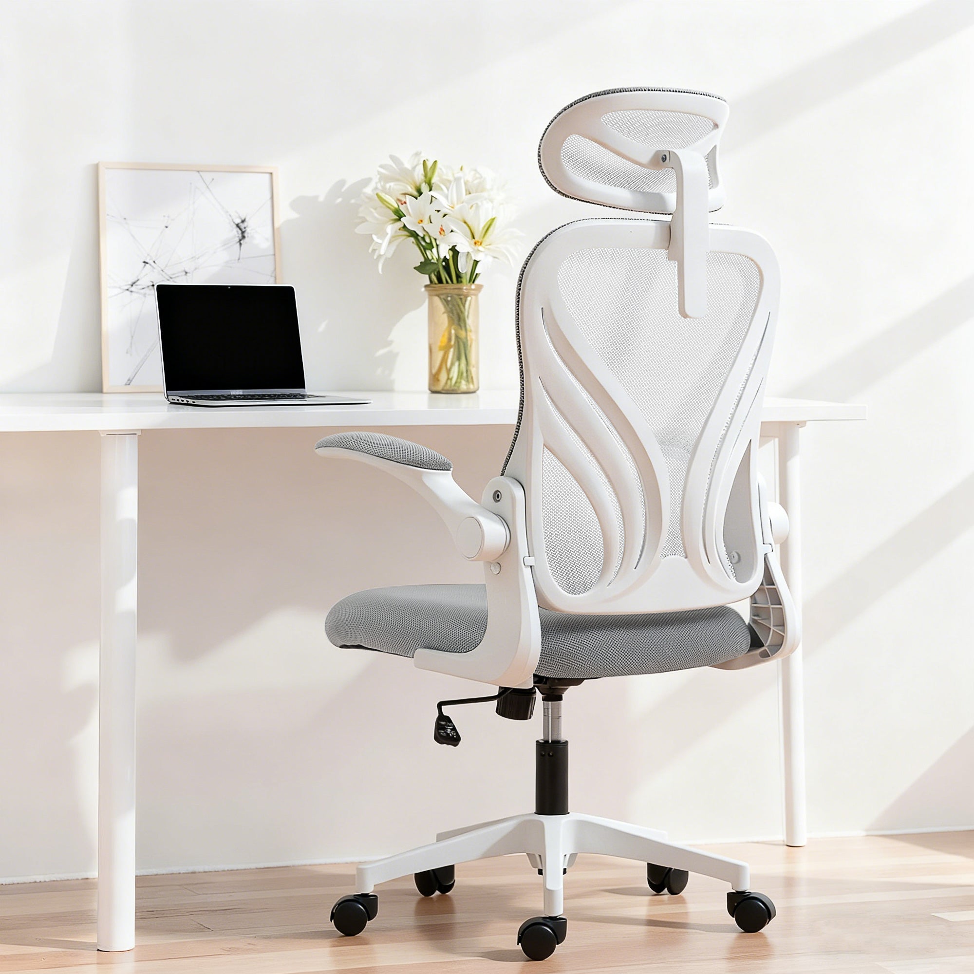 Ergonomic Office Chair With Foldable Backrest, 2D Headrest - Light Grey