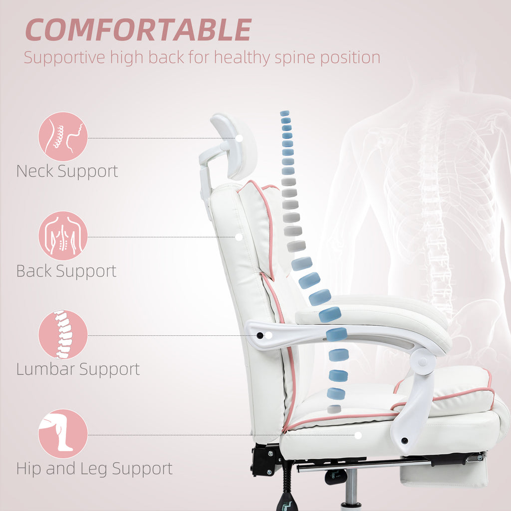 PU Leather Office Chair, Executive Desk Chair with Headrest, Foot Rest, Swivel Wheels, Reclining Computer Chair, White