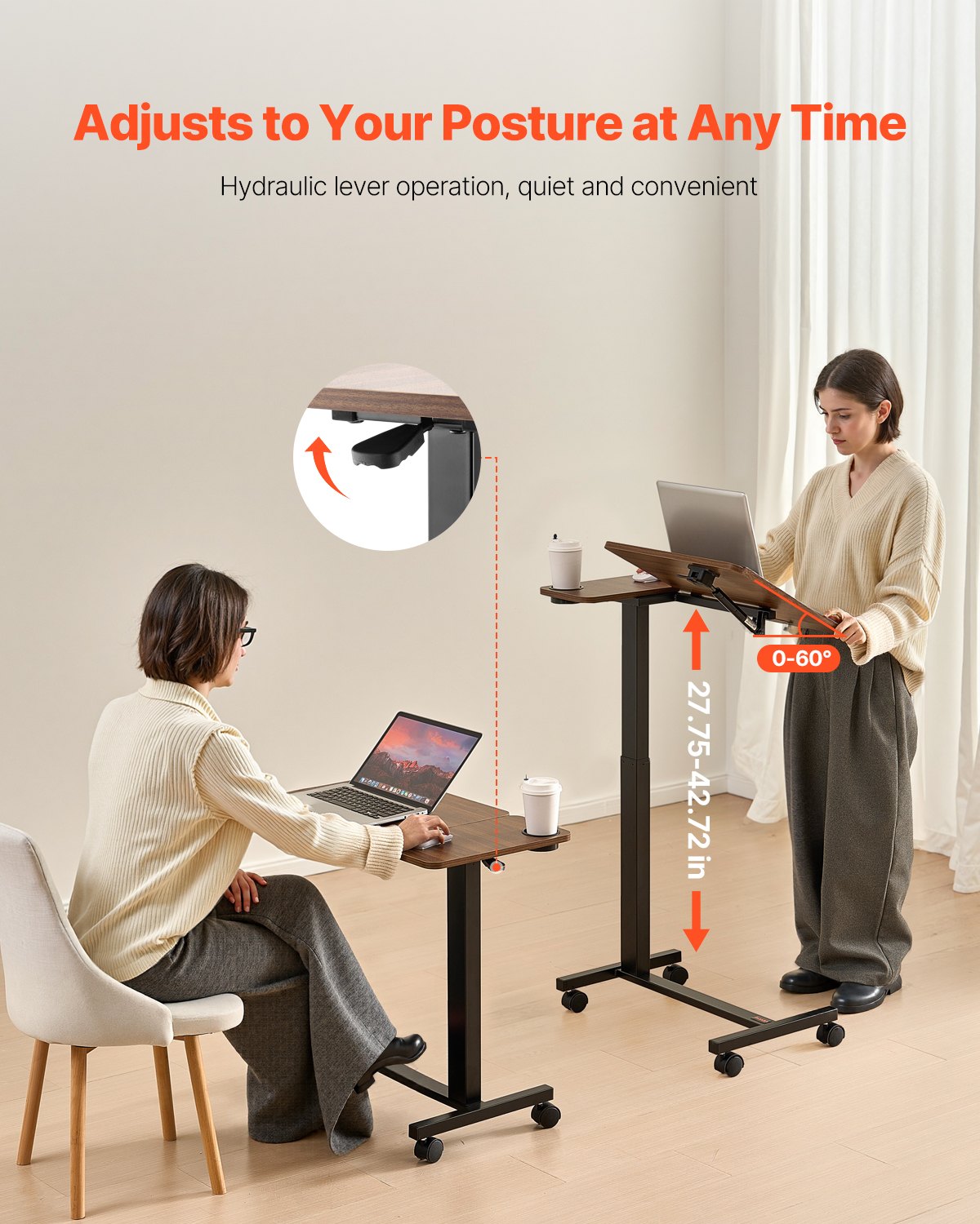 Overbed Table, Mobile Bed Side Table With Flip Desktop And 4 Wheels, Height & Angle Adjustable Rolling Laptop Desk With Cup Holder, Portable Over Bed Desk For Home, Office, Study, Wood + Black