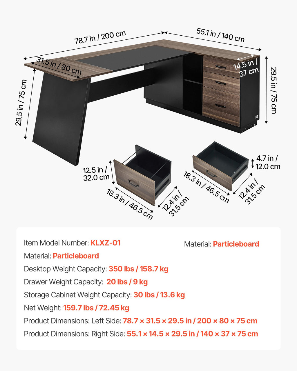 L-Shaped Executive Desk, Large Modern Office Table With Drawers And Storage Cabinet, Heavy Duty Wooden Executive Table, 350 LBS Load Capacity, Easy Assembly, For Work Study Writing, Brown+Black