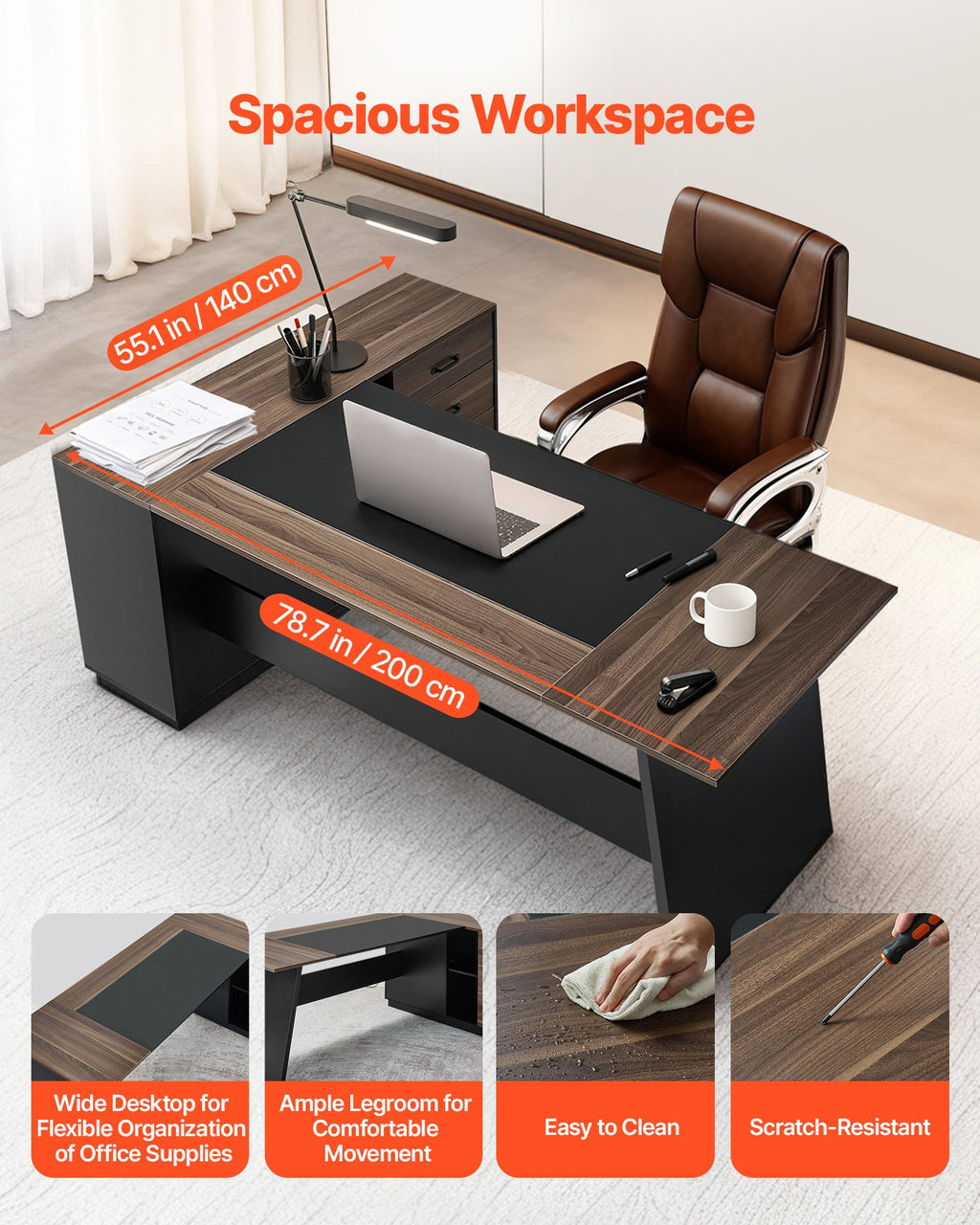 L-Shaped Executive Desk, Large Modern Office Table With Drawers And Storage Cabinet, Heavy Duty Wooden Executive Table, 350 LBS Load Capacity, Easy Assembly, For Work Study Writing, Brown+Black