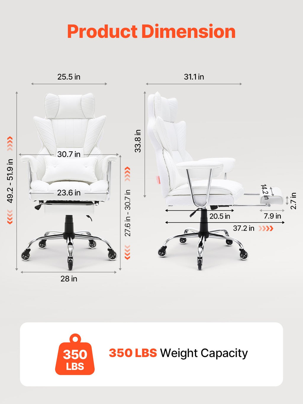 Reclining Office Chair With Footrest, Heavy Duty PU Leather Wide Office Chair, Big And Tall Executive Office Chairs With Lumbar Support, Strong Metal Base Quiet Wheels, White