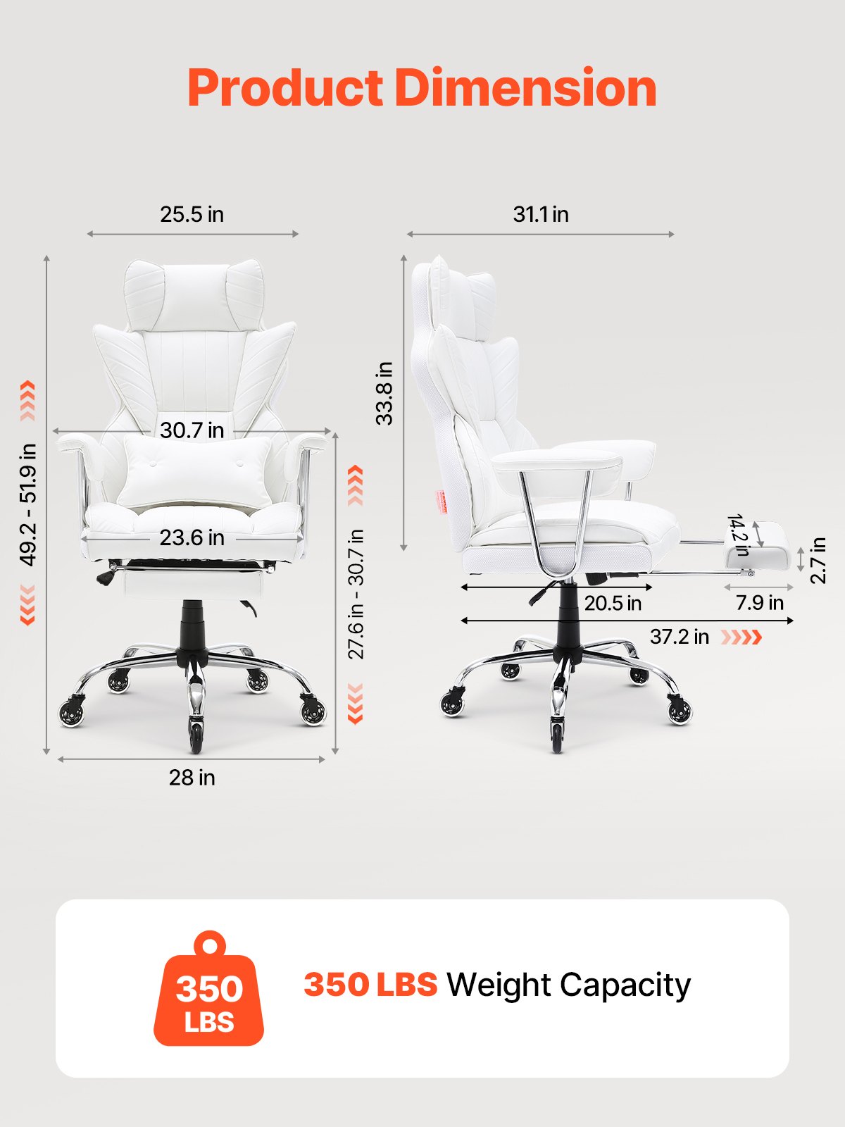 Reclining Office Chair With Footrest, Heavy Duty PU Leather Wide Office Chair, Big And Tall Executive Office Chairs With Lumbar Support, Strong Metal Base Quiet Wheels, White