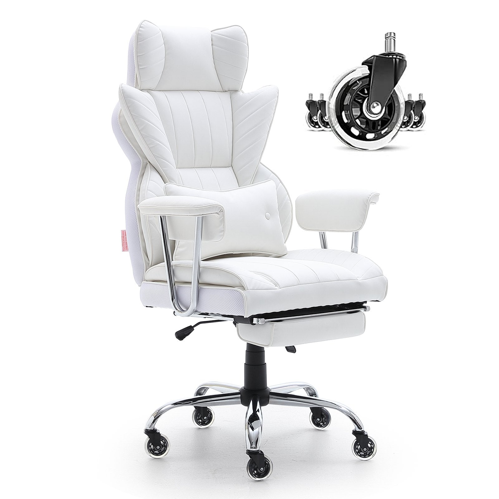 Reclining Office Chair With Footrest, Heavy Duty PU Leather Wide Office Chair, Big And Tall Executive Office Chairs With Lumbar Support, Strong Metal Base Quiet Wheels, White