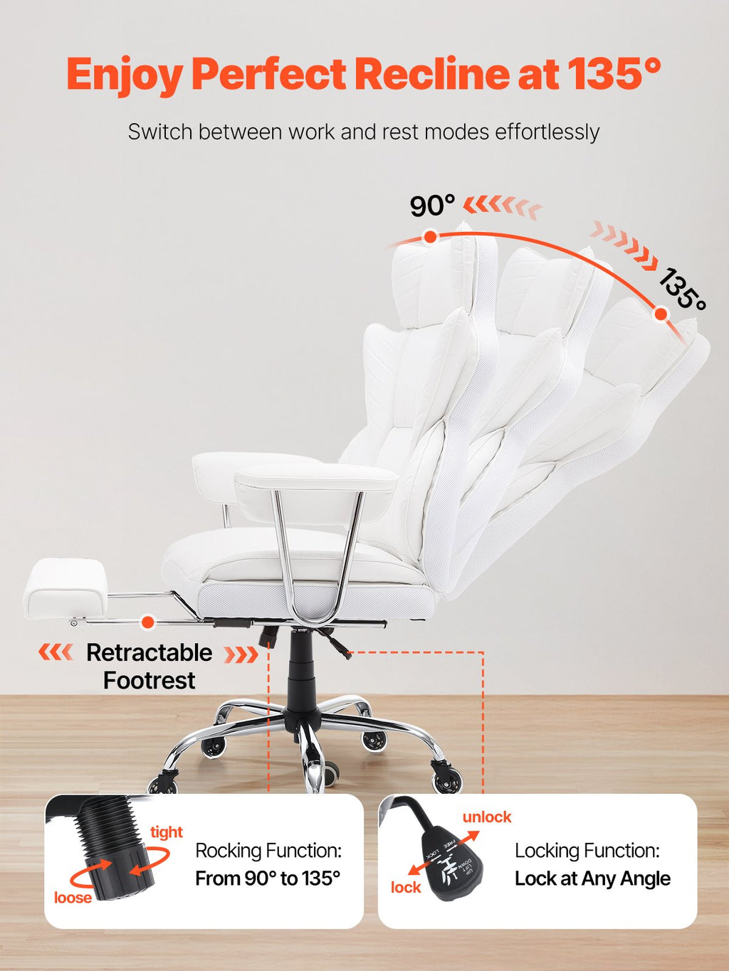 Reclining Office Chair With Footrest, Heavy Duty PU Leather Wide Office Chair, Big And Tall Executive Office Chairs With Lumbar Support, Strong Metal Base Quiet Wheels, White