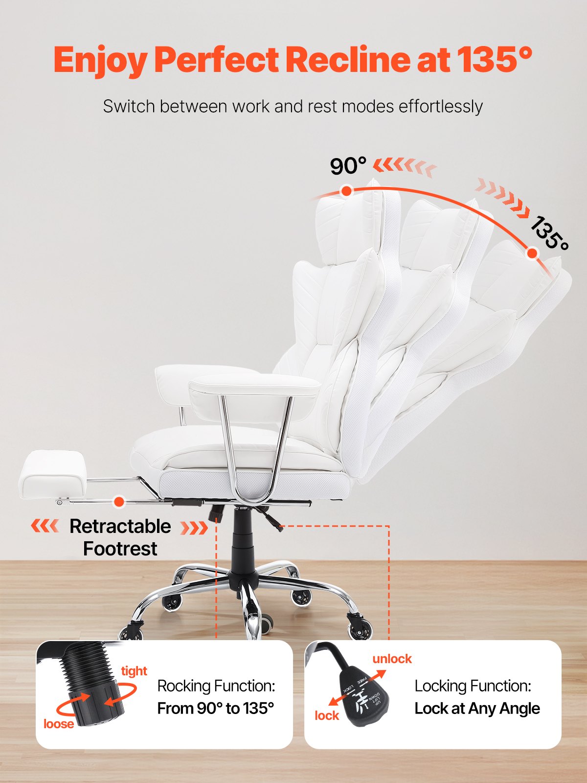 Reclining Office Chair With Footrest, Heavy Duty PU Leather Wide Office Chair, Big And Tall Executive Office Chairs With Lumbar Support, Strong Metal Base Quiet Wheels, White