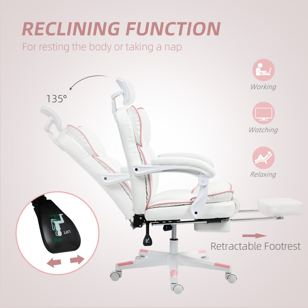 PU Leather Office Chair, Executive Desk Chair with Headrest, Foot Rest, Swivel Wheels, Reclining Computer Chair, White