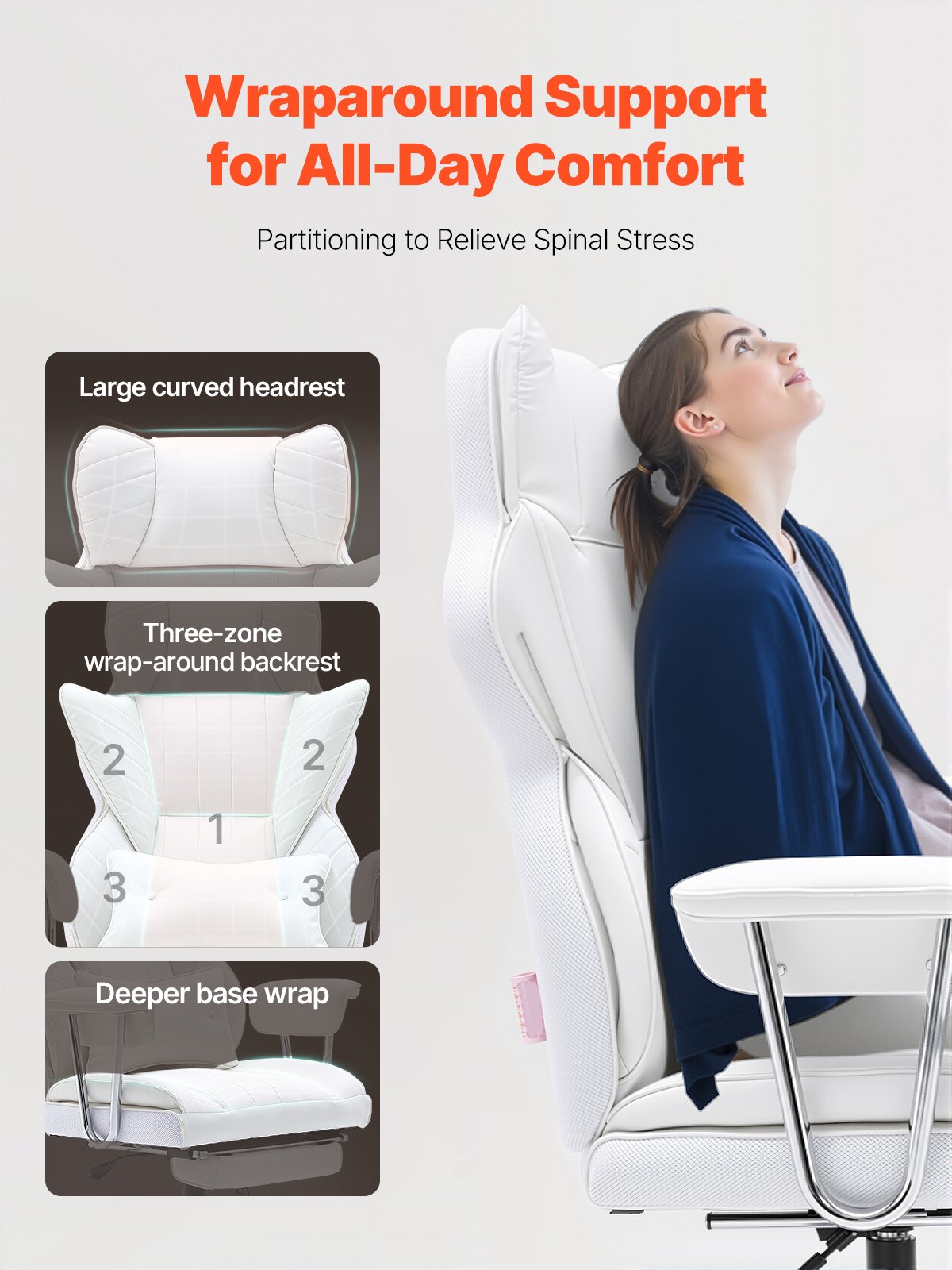 Reclining Office Chair With Footrest, Heavy Duty PU Leather Wide Office Chair, Big And Tall Executive Office Chairs With Lumbar Support, Strong Metal Base Quiet Wheels, White