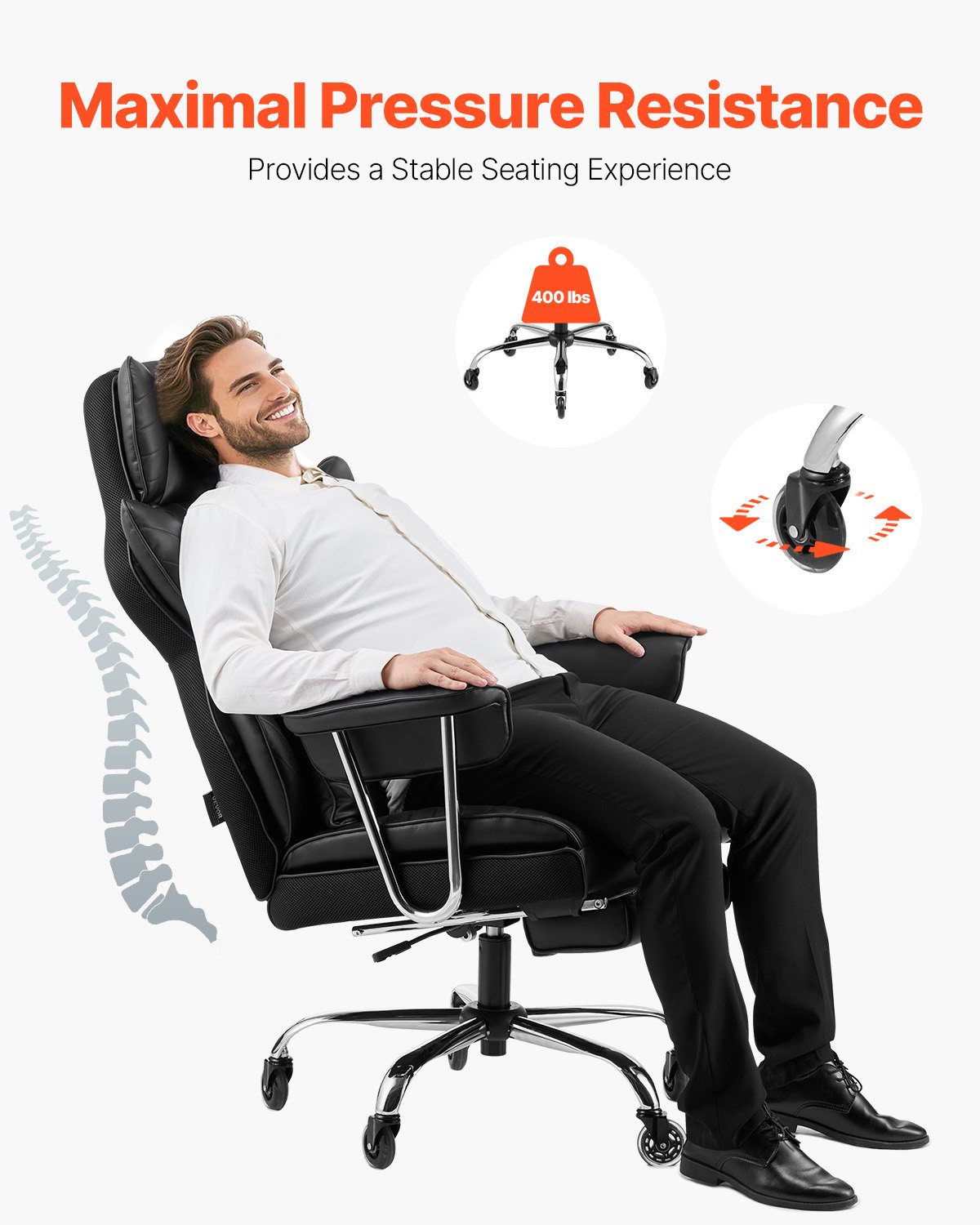 Executive Office Chair With Footrest, 400 Lbs Capacity With Heavy Duty PU Leather Wide Office Chair, Big And Tall Reclining Office Chairs With Lumbar Support, Strong Metal Base Quiet Wheels, Black