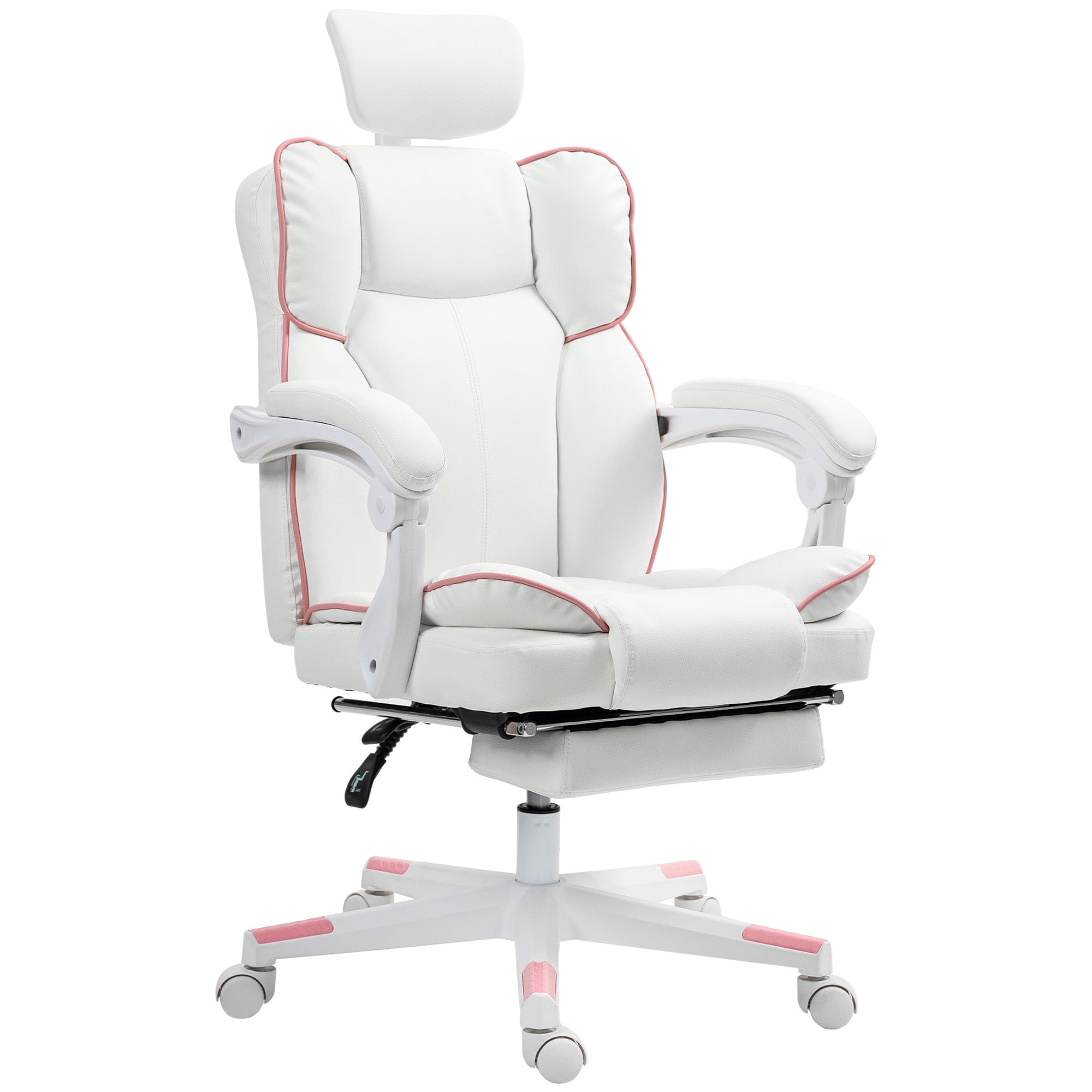PU Leather Office Chair, Executive Desk Chair with Headrest, Foot Rest, Swivel Wheels, Reclining Computer Chair, White