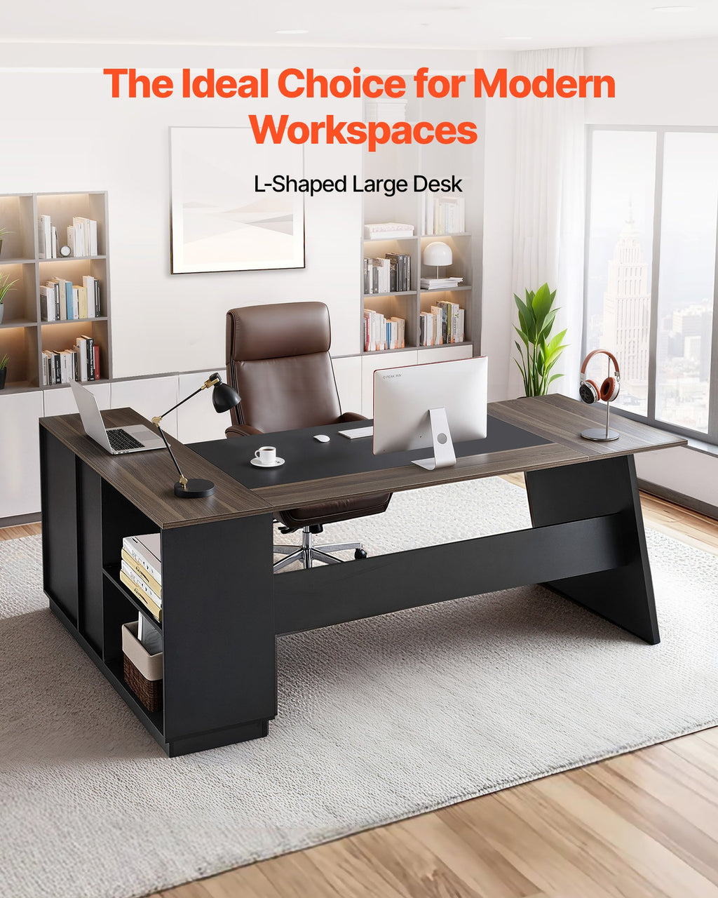 L-Shaped Executive Desk, Large Modern Office Table With Drawers And Storage Cabinet, Heavy Duty Wooden Executive Table, 350 LBS Load Capacity, Easy Assembly, For Work Study Writing, Brown+Black